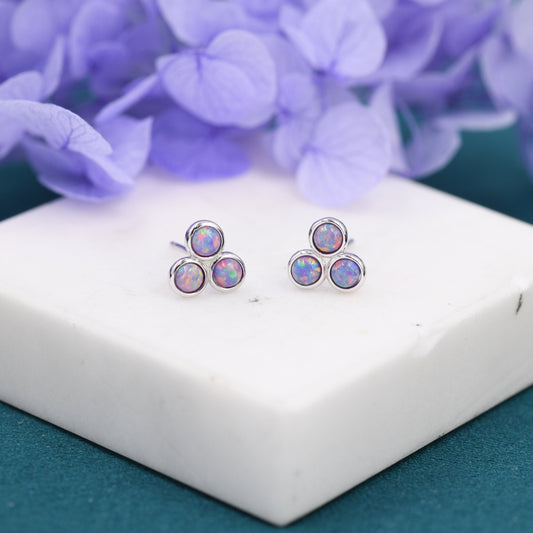 Purple Opal Dot Circle Stud Earrings in Sterling Silver - Silver or Gold -  Fire Opal Trio Earrings, Three Opals