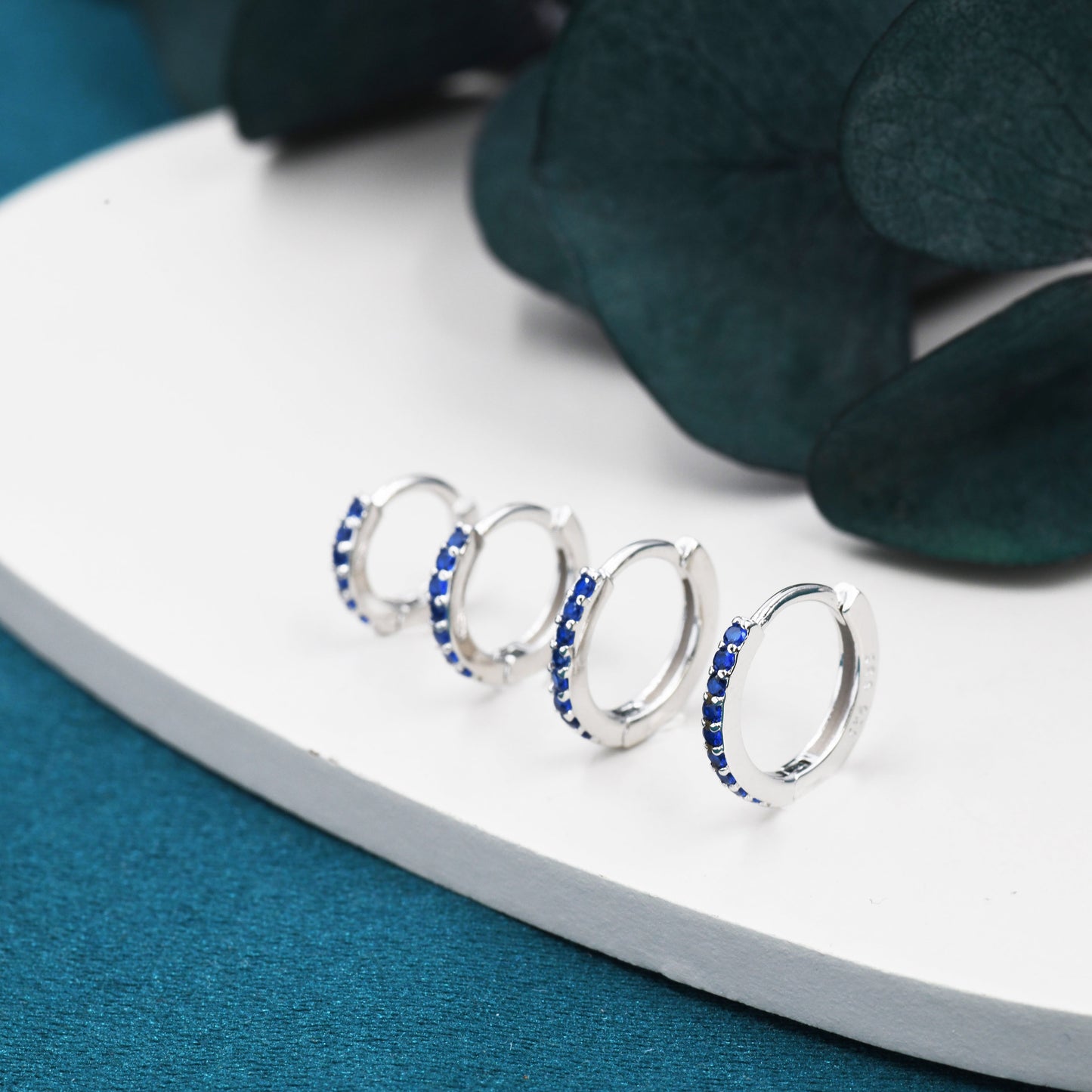 Sapphire Blue CZ Huggie Hoops in Sterling Silver, Silver or Gold, 6mm, 7mm, 8mm and 9mm Inner Diameter Hoop Earrings, Turquoise Earrings