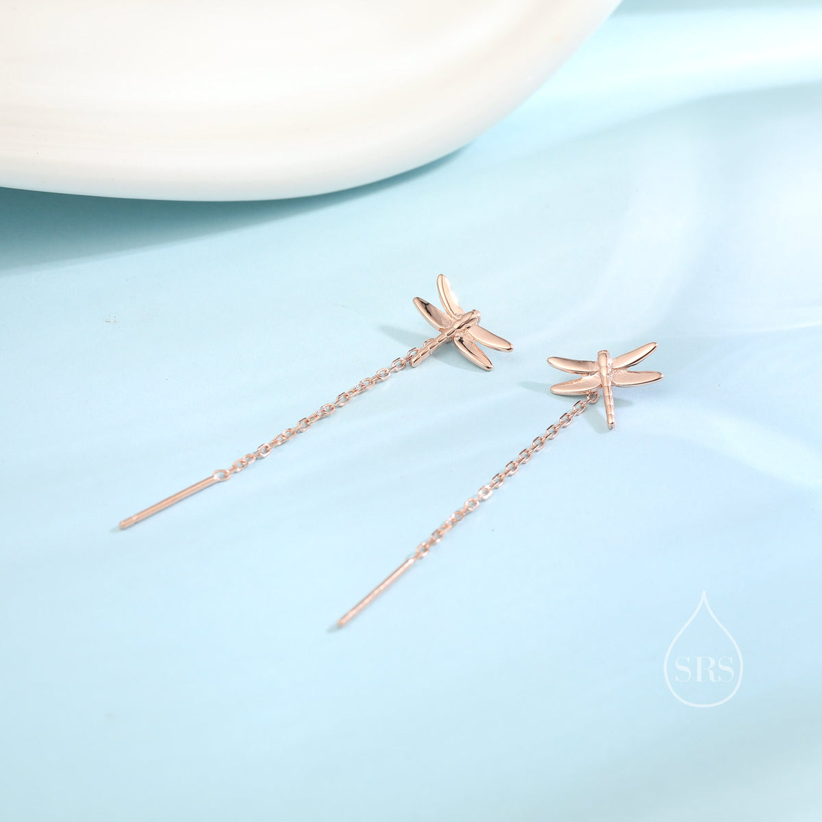 Sterling Silver Dragonfly Ear Threaders, Dragonfly Threader Earrings with Dangle Chain, Daily Dangle Earrings