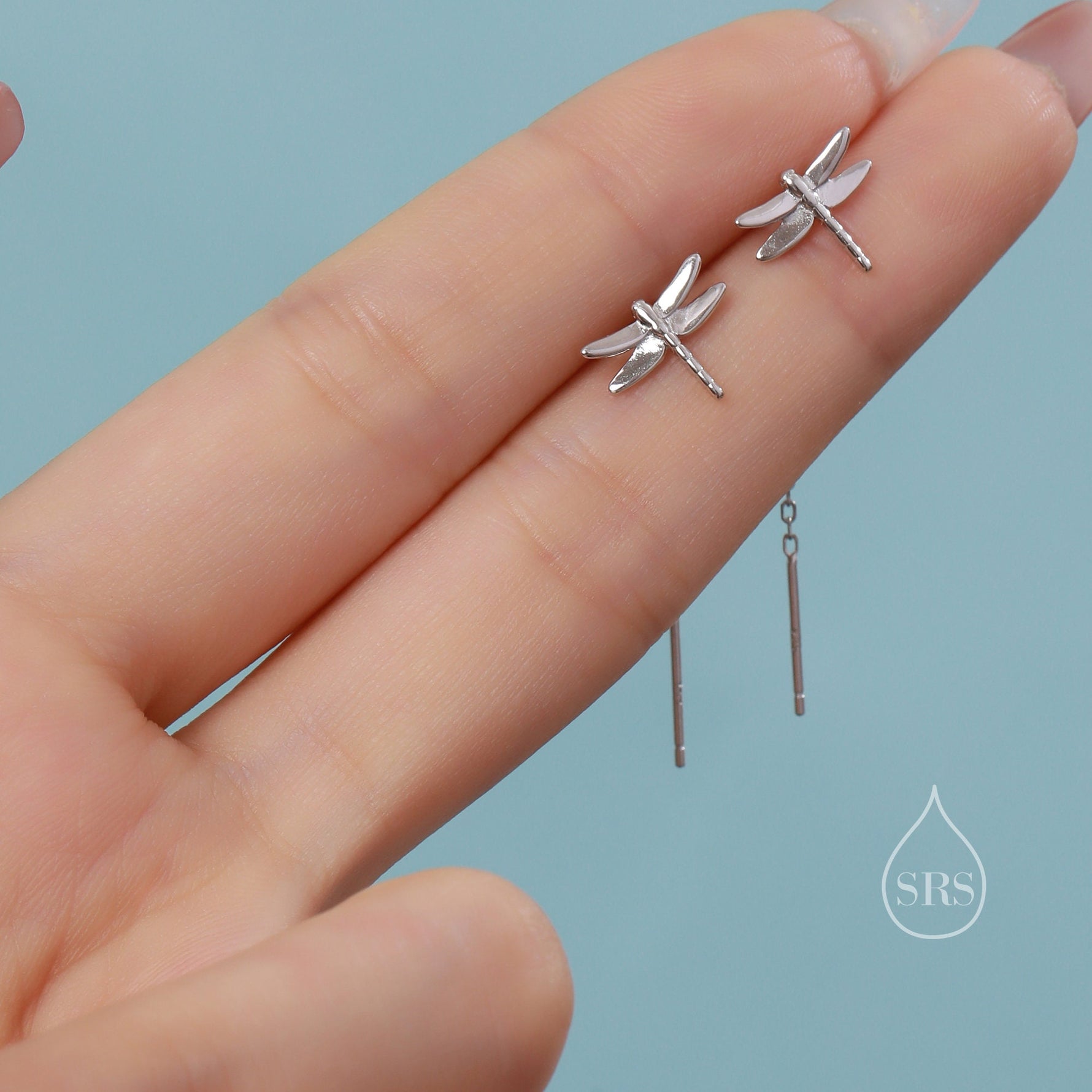 Sterling Silver Dragonfly Ear Threaders, Dragonfly Threader Earrings with Dangle Chain, Daily Dangle Earrings