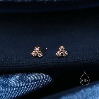 Tiny CZ Trio Stud Earrings in Sterling Silver, Silver, Gold or Rose Gold,  Three CZ Earrings, CZ Cluster Earrings