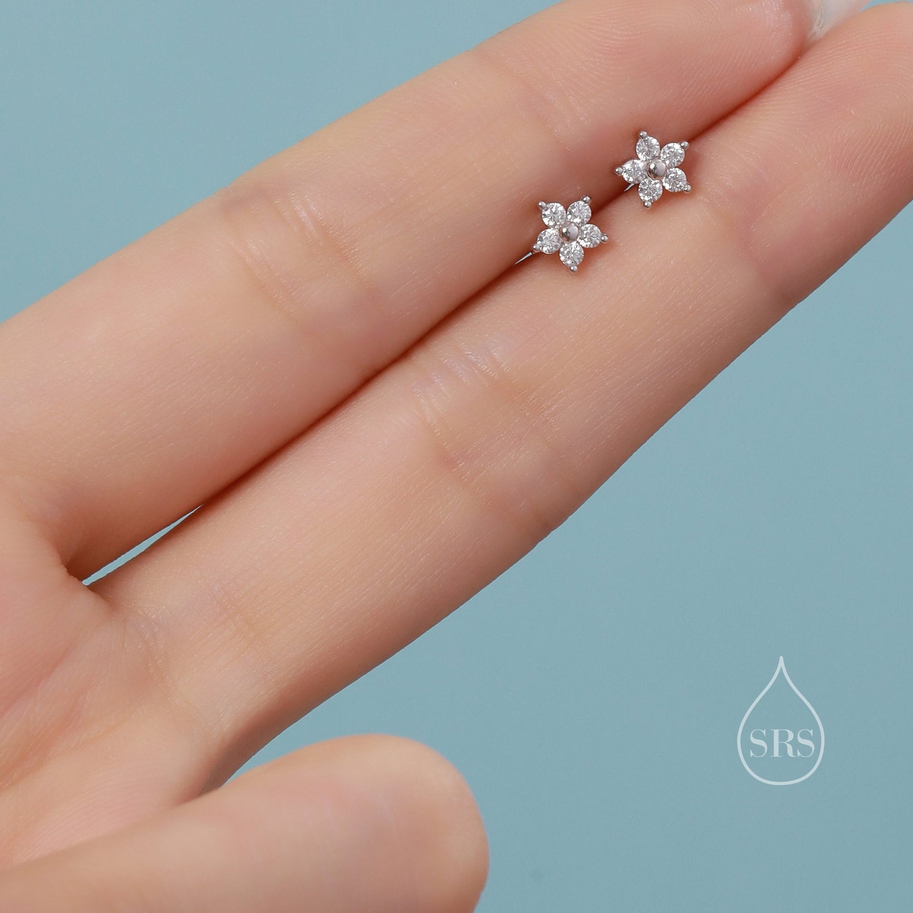 Tiny Flower CZ Stud Earrings in Sterling Silver, Forget Me Not Floral CZ Earrings, Silver, Gold and Rose Gold, Flower CZ Earrings