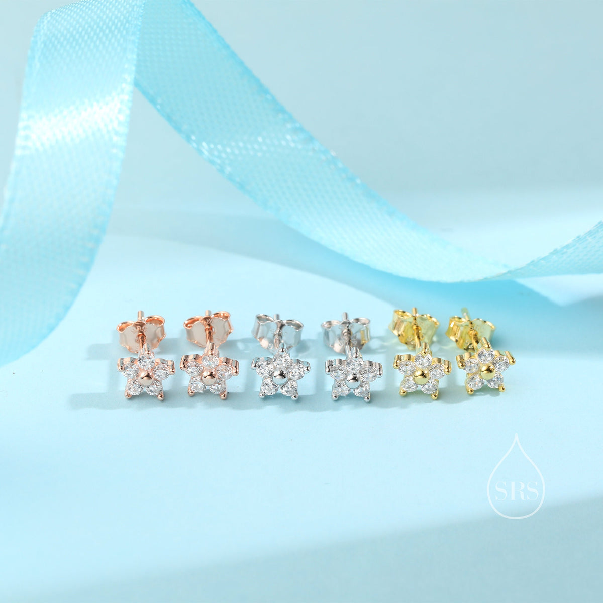 Tiny Flower CZ Stud Earrings in Sterling Silver, Forget Me Not Floral CZ Earrings, Silver, Gold and Rose Gold, Flower CZ Earrings