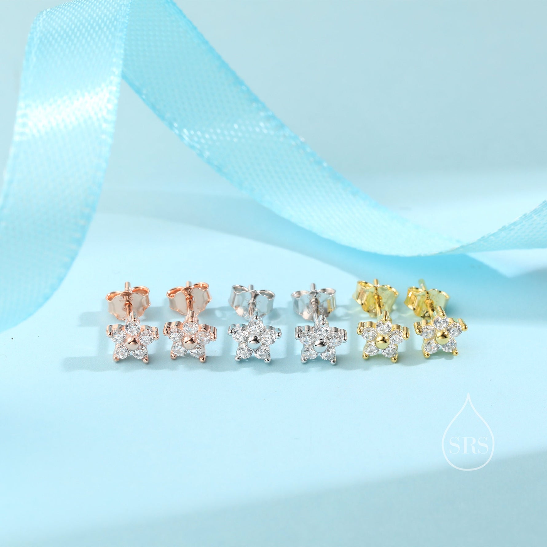 Tiny Flower CZ Stud Earrings in Sterling Silver, Forget Me Not Floral CZ Earrings, Silver, Gold and Rose Gold, Flower CZ Earrings