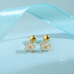 Tiny Flower CZ Screw Back Earrings in Sterling Silver, Forget Me Not Floral CZ Earrings, Silver, Gold and Rose Gold, Flower CZ Earrings