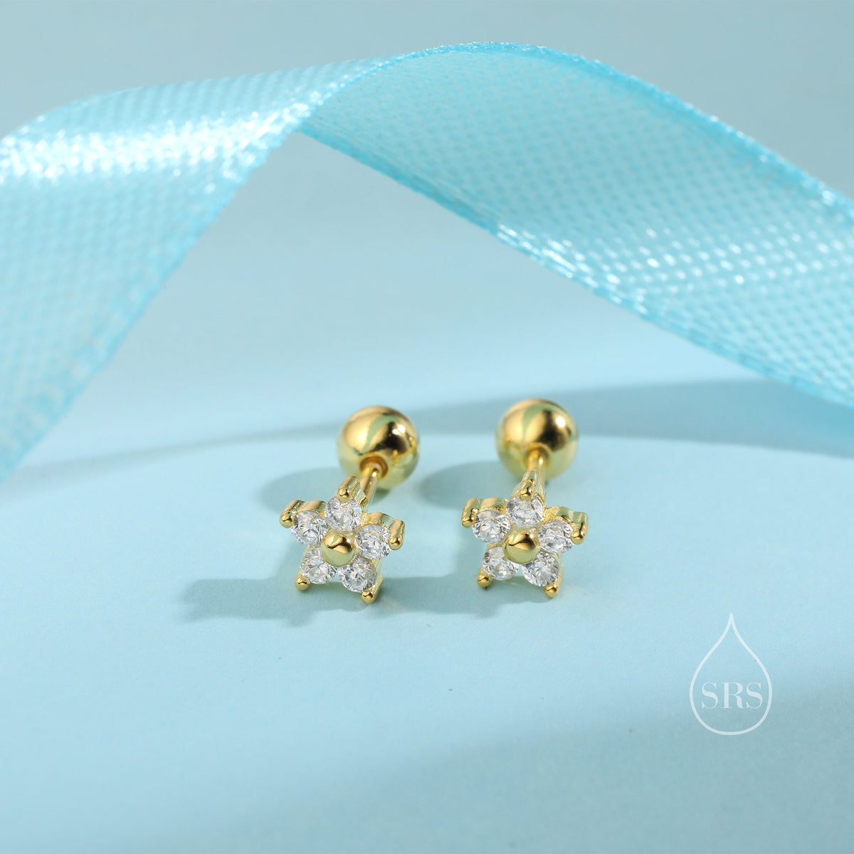 Tiny Flower CZ Screw Back Earrings in Sterling Silver, Forget Me Not Floral CZ Earrings, Silver, Gold and Rose Gold, Flower CZ Earrings