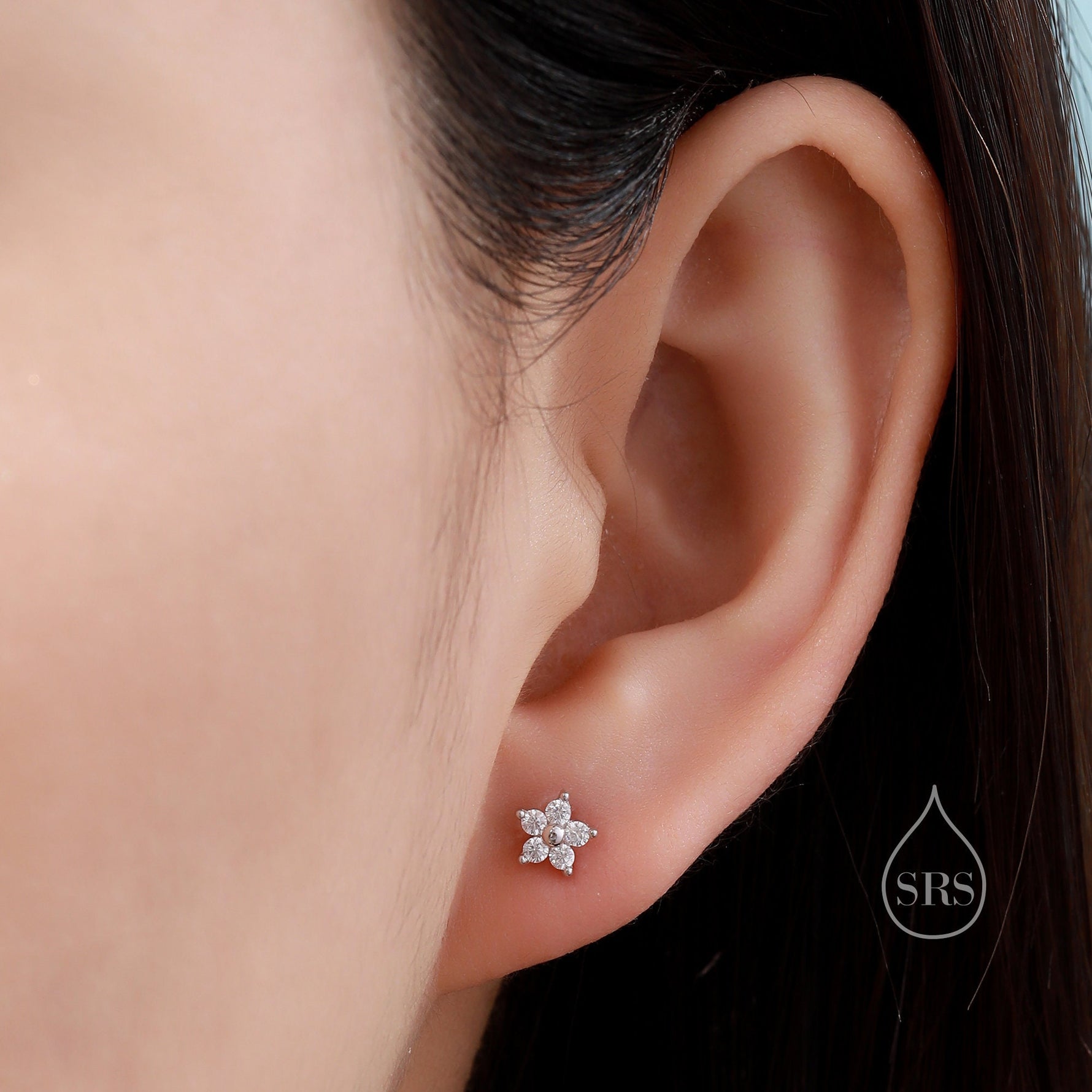 Tiny Flower CZ Screw Back Earrings in Sterling Silver, Forget Me Not Floral CZ Earrings, Silver, Gold and Rose Gold, Flower CZ Earrings