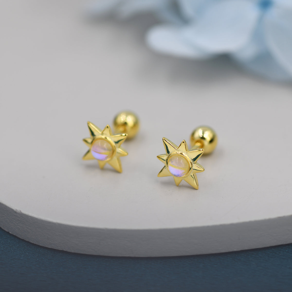 Moonstone Starburst Screw Back Earrings in Sterling Silver, Star Barbell Earrings with Moonstone, Silver, Gold and Rose Gold, Screwback