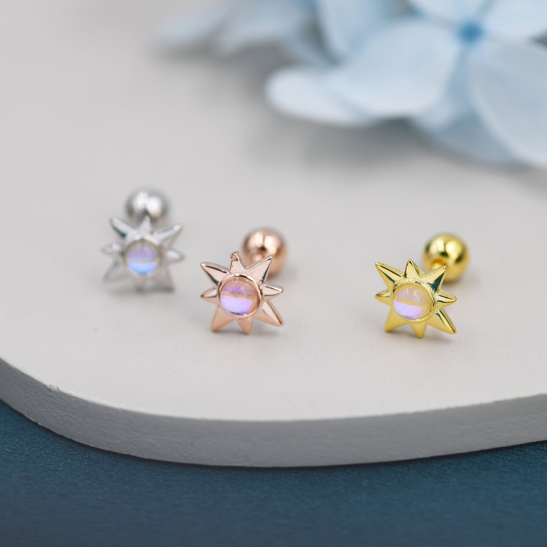 Moonstone Starburst Screw Back Earrings in Sterling Silver, Star Barbell Earrings with Moonstone, Silver, Gold and Rose Gold, Screwback