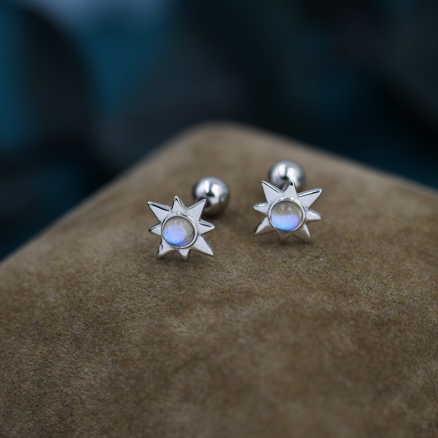 Moonstone Starburst Screw Back Earrings in Sterling Silver, Star Barbell Earrings with Moonstone, Silver, Gold and Rose Gold, Screwback