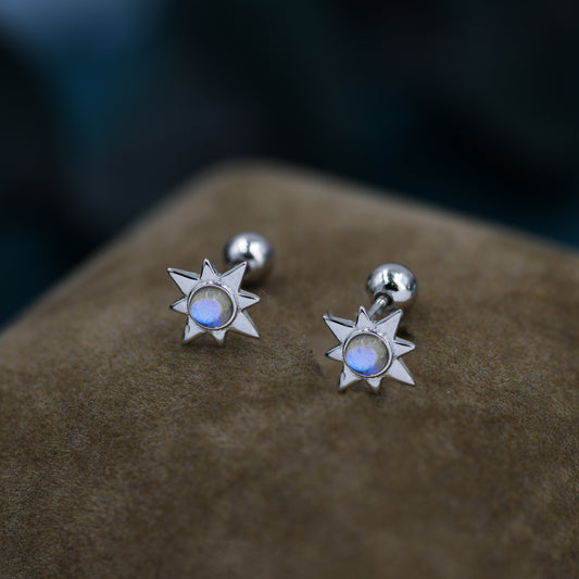 Moonstone Starburst Screw Back Earrings in Sterling Silver, Star Barbell Earrings with Moonstone, Silver, Gold and Rose Gold, Screwback