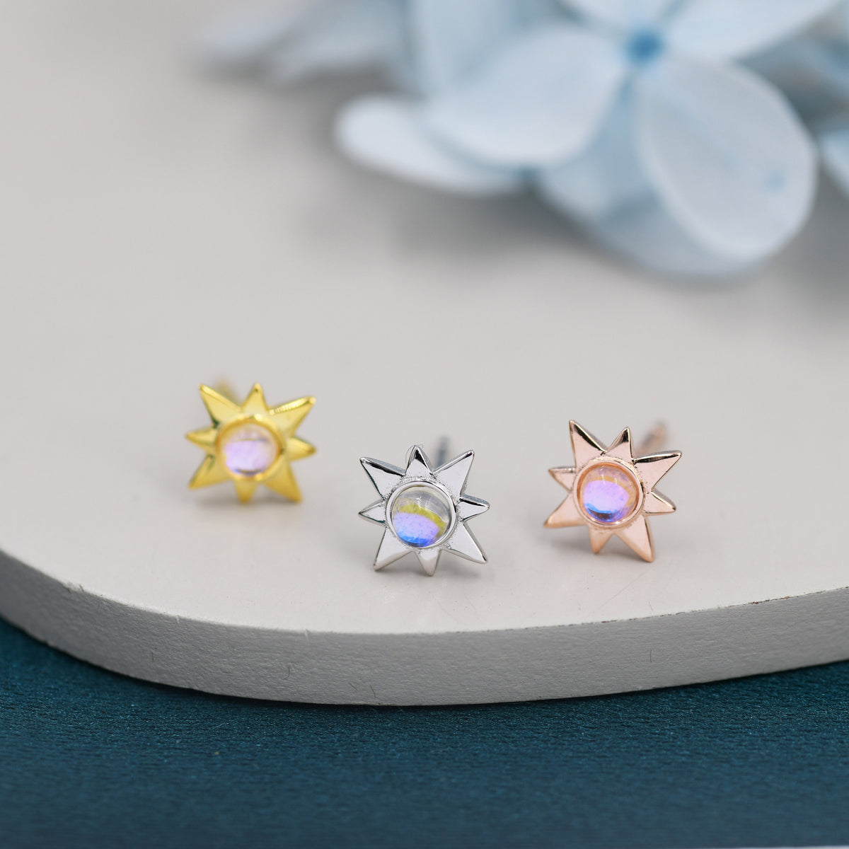 Moonstone Starburst Stud Earrings in Sterling Silver, North Star Earrings with Moonstone, Silver, Gold and Rose Gold, Sunburst Earrings