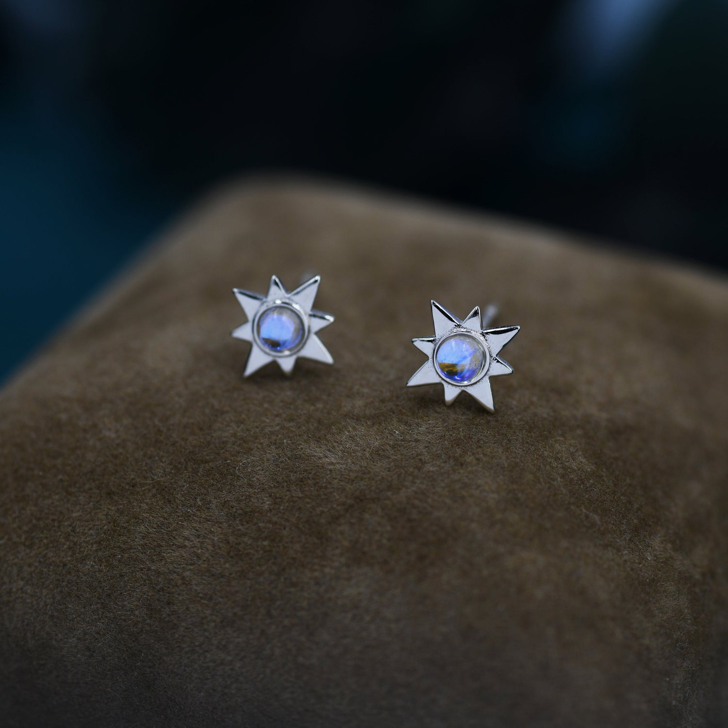 Moonstone Starburst Stud Earrings in Sterling Silver, North Star Earrings with Moonstone, Silver, Gold and Rose Gold, Sunburst Earrings