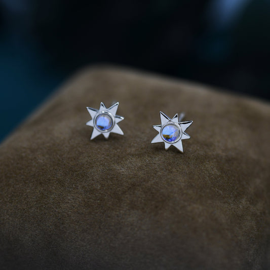 Moonstone Starburst Stud Earrings in Sterling Silver, North Star Earrings with Moonstone, Silver, Gold and Rose Gold, Sunburst Earrings