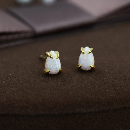 White Opal Droplet Stud Earrings in Sterling Silver, Silver or Gold, Tiny Opal Earrings, Pear Shape Opal Stud