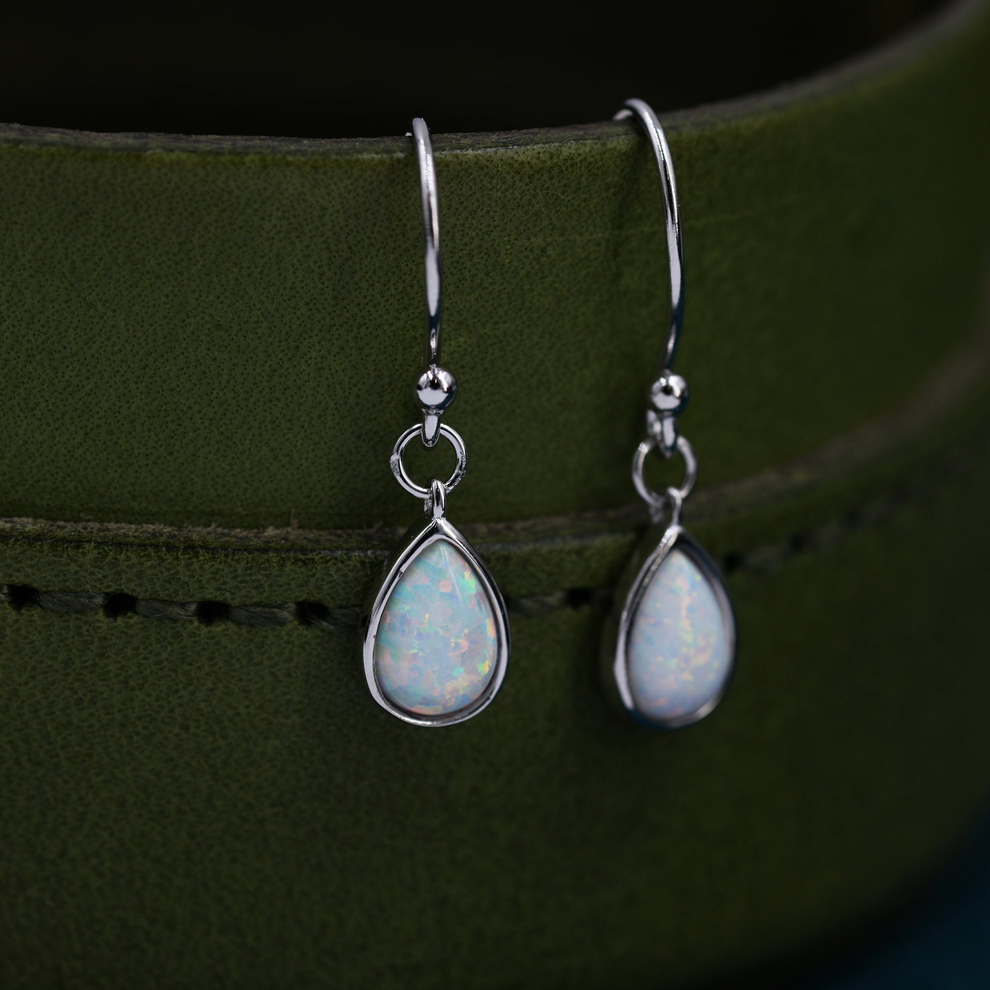 White Opal Droplet Drop Hook Earrings in Sterling Silver, Delicate Fire Opal Earrings, Pear Shape Opal Earrings