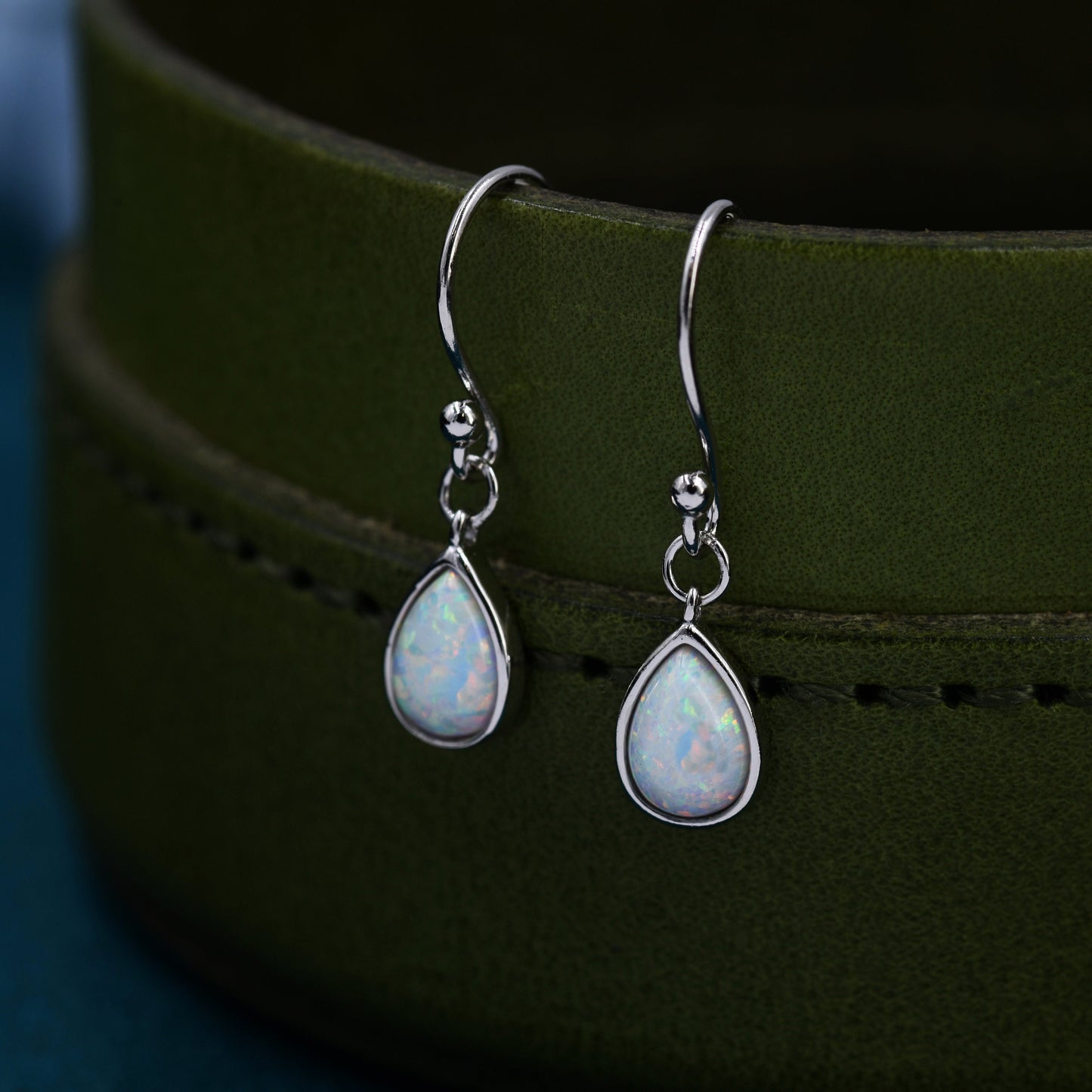 White Opal Droplet Drop Hook Earrings in Sterling Silver, Delicate Fire Opal Earrings, Pear Shape Opal Earrings