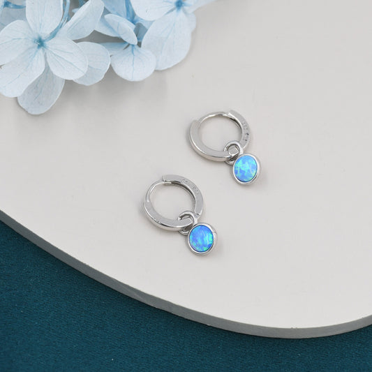 Sterling Silver Dangling Blue Opal Hoop Earrings, Detachable Charm Dangle Hoop Earrings, Silver or Gold, Interchangeable