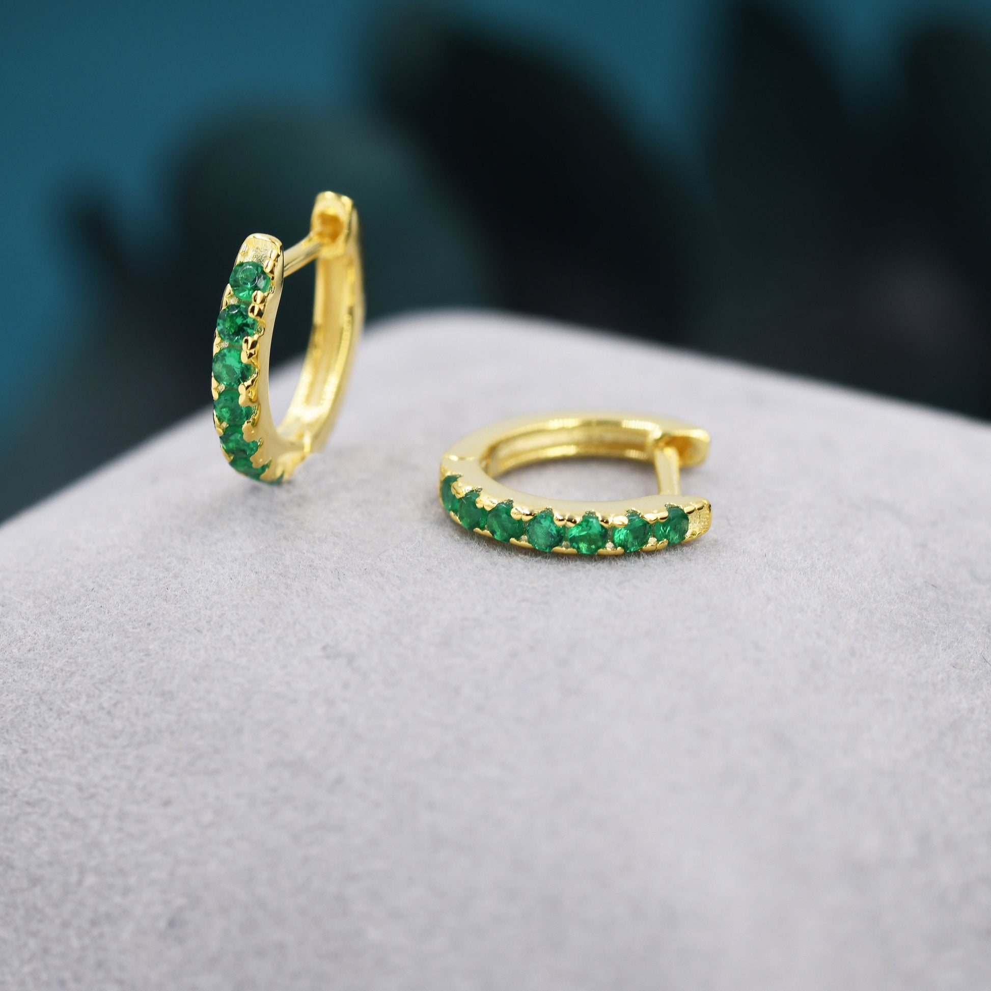 Emerald Green CZ Huggie Hoops in Sterling Silver, Silver or Gold, Minimalist Hoop Earrings, 8mm Hoops, Green Crystal Hoops