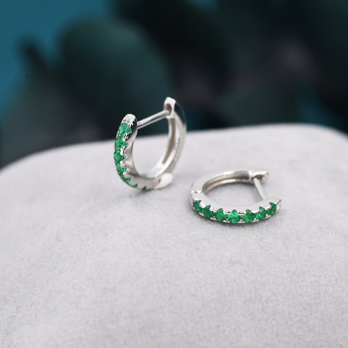 Emerald Green CZ Huggie Hoops in Sterling Silver, Silver or Gold, Minimalist Hoop Earrings, 8mm Hoops, Green Crystal Hoops