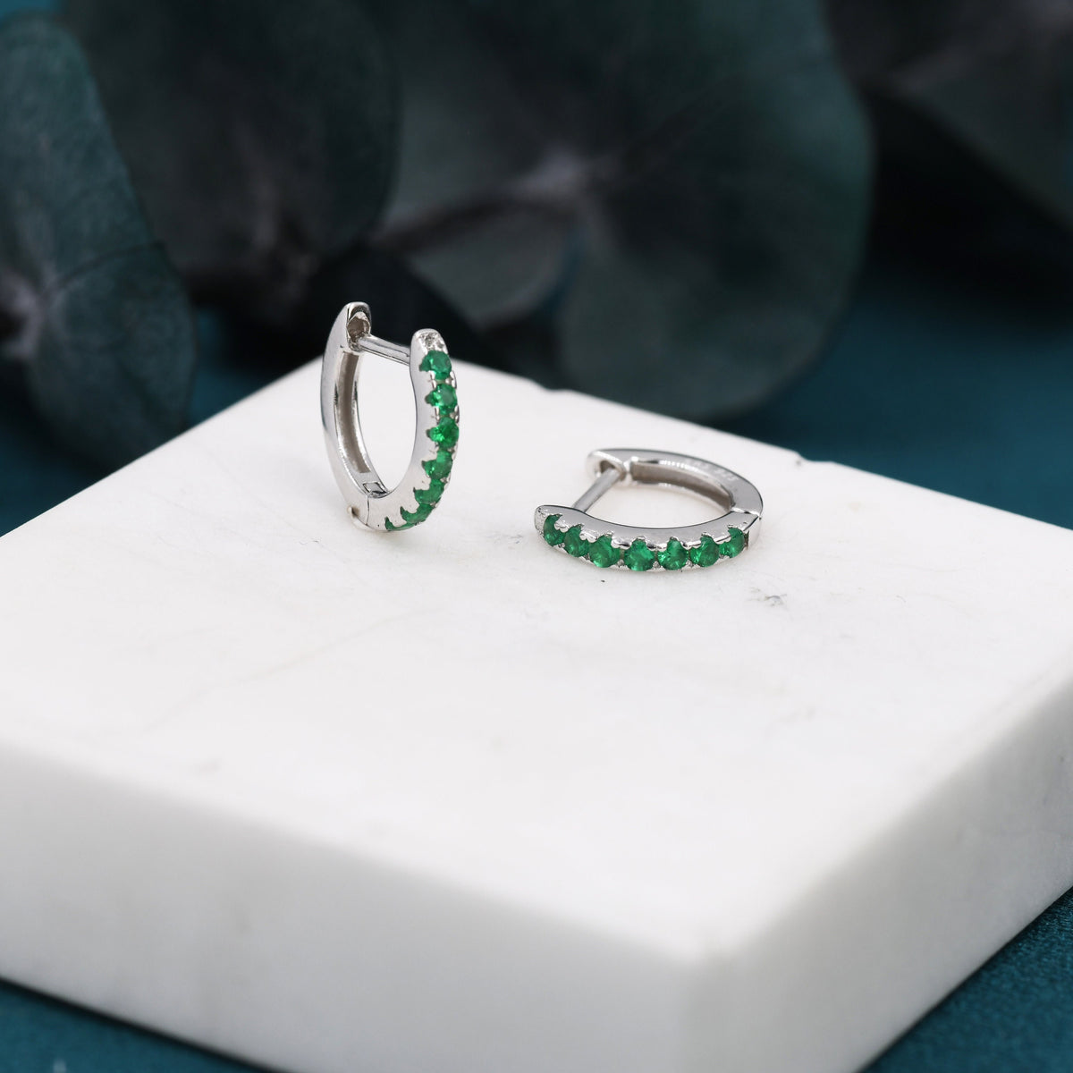 Emerald Green CZ Huggie Hoops in Sterling Silver, Silver or Gold, Minimalist Hoop Earrings, 8mm Hoops, Green Crystal Hoops