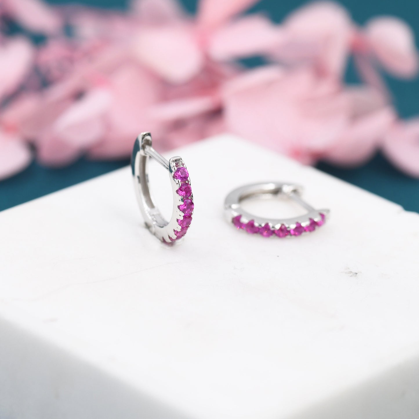 Ruby Pink CZ Huggie Hoops in Sterling Silver, Silver or Gold, Minimalist Hoop Earrings, 8mm Hoops, Red Crystal Hoops, July Birthstone