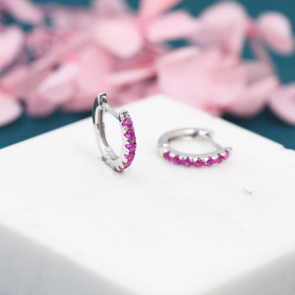 Ruby Pink CZ Huggie Hoops in Sterling Silver, Silver or Gold, Minimalist Hoop Earrings, 8mm Hoops, Red Crystal Hoops, July Birthstone