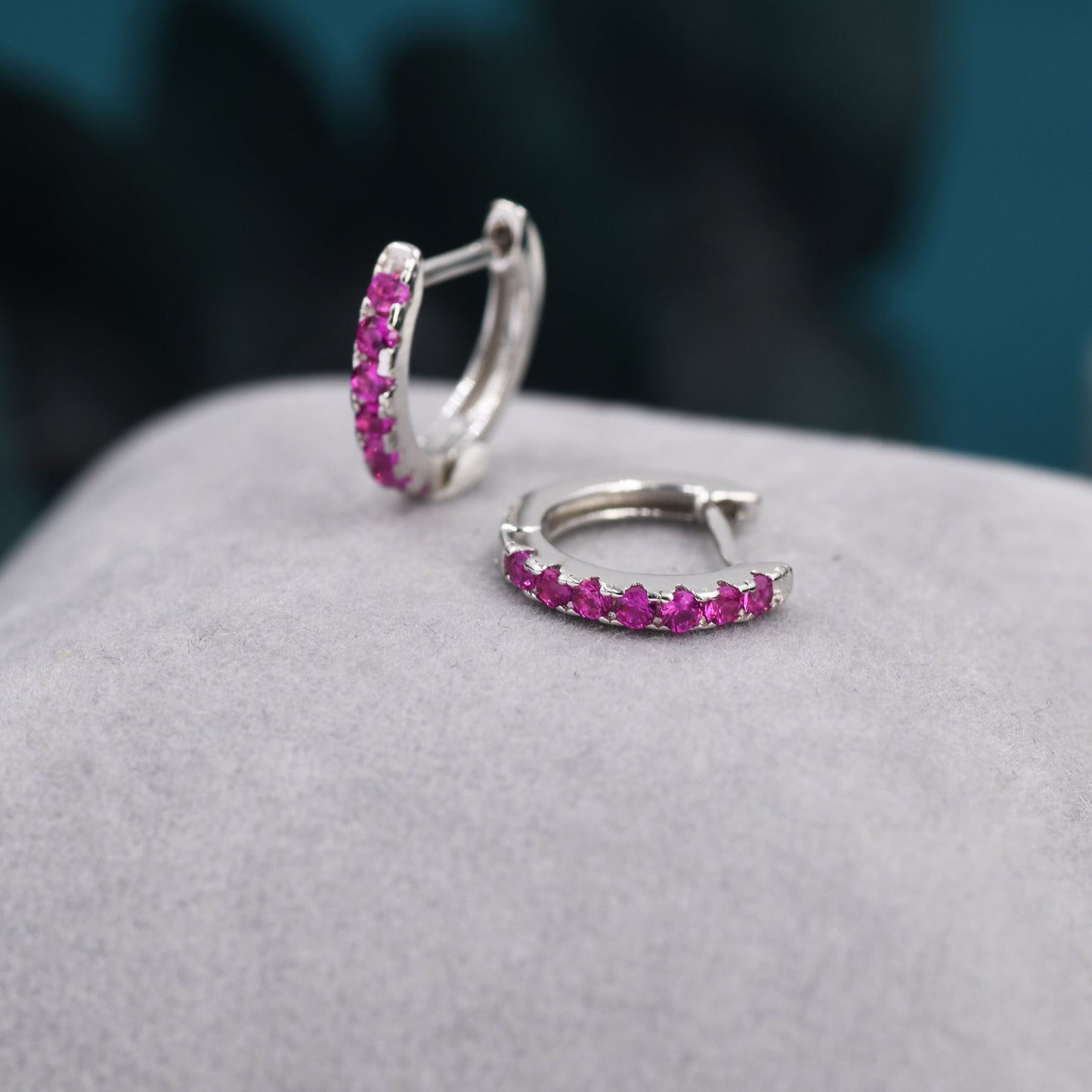 Ruby Pink CZ Huggie Hoops in Sterling Silver, Silver or Gold, Minimalist Hoop Earrings, 8mm Hoops, Red Crystal Hoops, July Birthstone