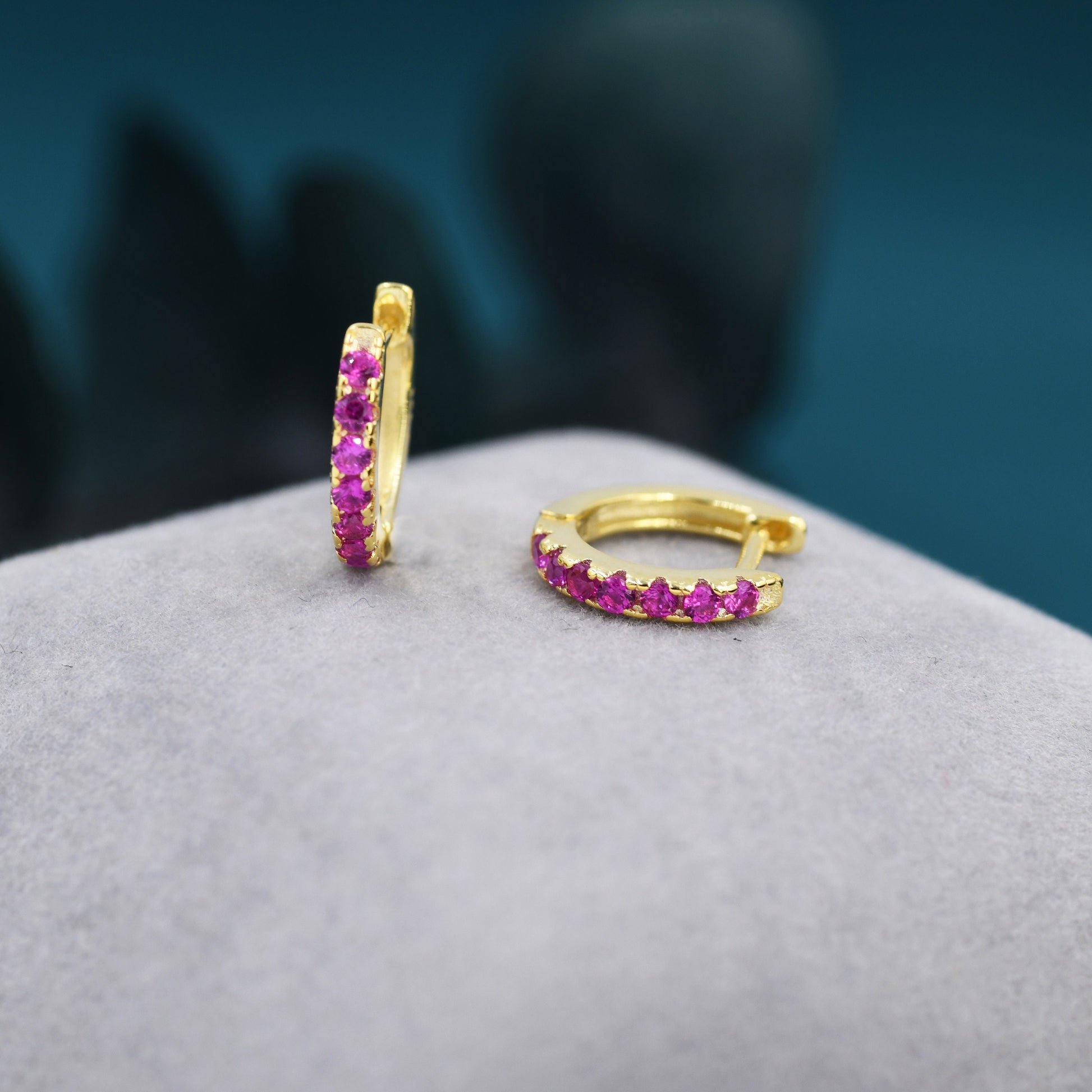 Ruby Pink CZ Huggie Hoops in Sterling Silver, Silver or Gold, Minimalist Hoop Earrings, 8mm Hoops, Red Crystal Hoops, July Birthstone