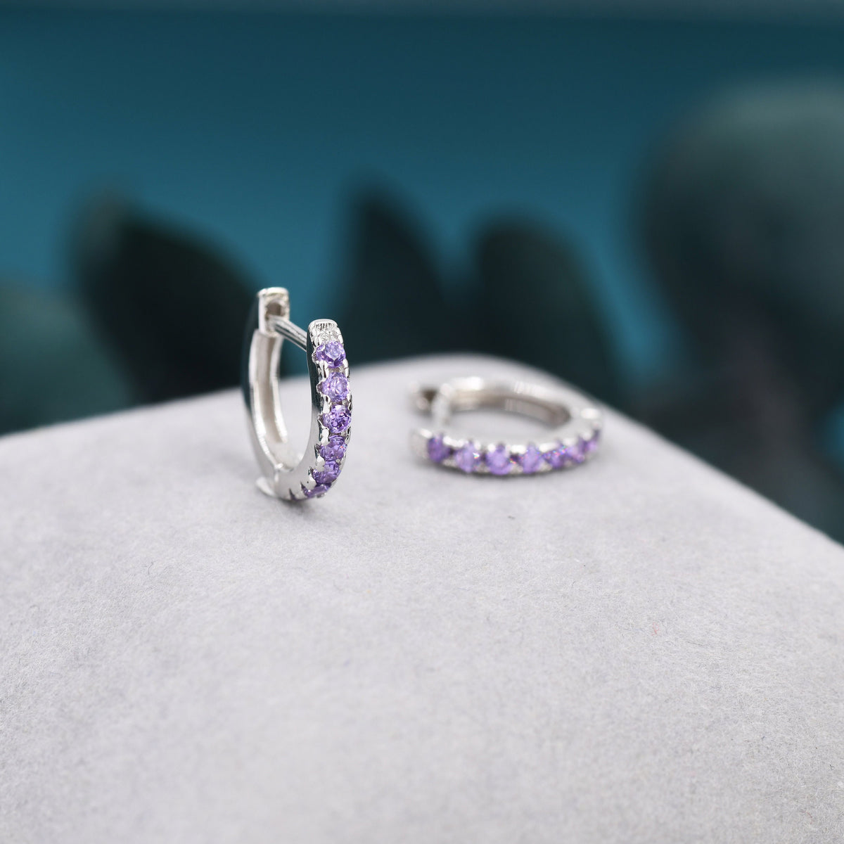 Amethyst Purple CZ Huggie Hoops in Sterling Silver, Silver or Gold, Minimalist Hoop Earrings, 8mm Hoops, Purple Hoops, February Birthstone