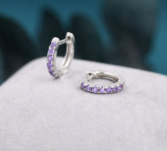 Amethyst Purple CZ Huggie Hoops in Sterling Silver, Silver or Gold, Minimalist Hoop Earrings, 8mm Hoops, Purple Hoops, February Birthstone