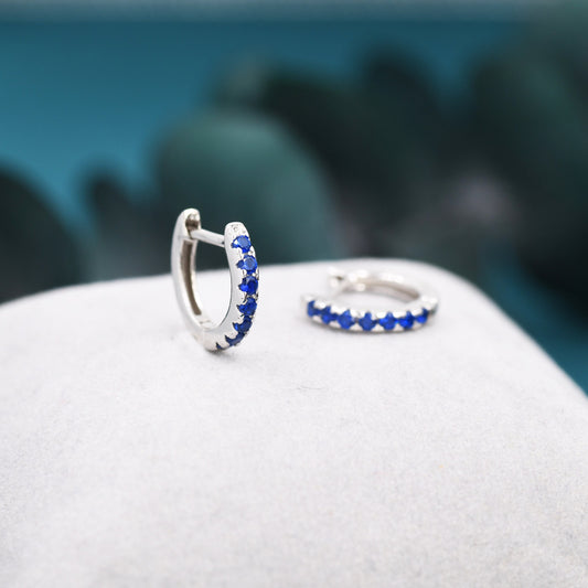 Sapphire Blue CZ Huggie Hoops in Sterling Silver, Silver or Gold, Minimalist Hoop Earrings, 8mm Hoops, Blue Hoops, September Birthstone