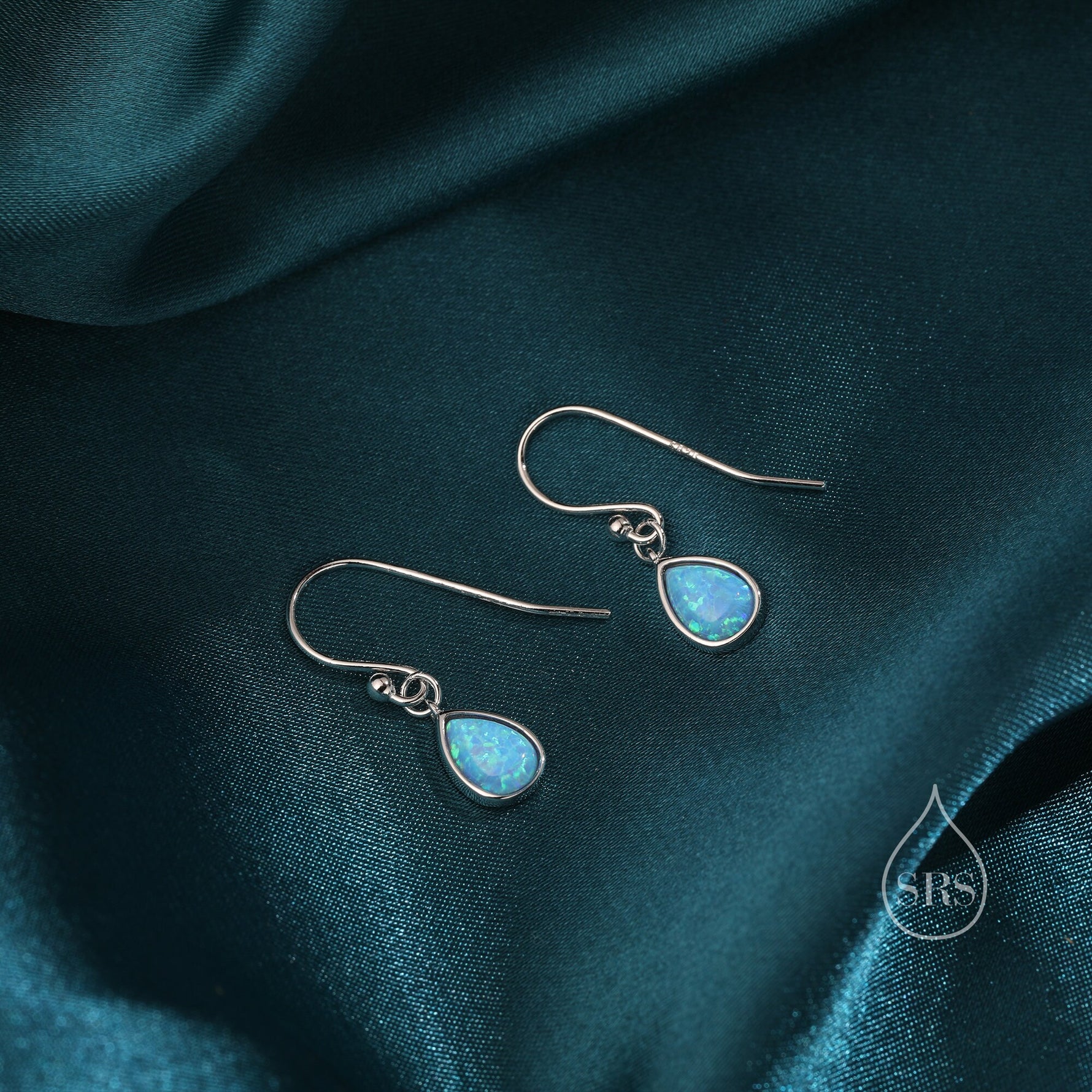 Blue Opal Droplet Drop Hook Earrings in Sterling Silver, Delicate Blue Opal Earrings, Pear Shape Opal Earrings
