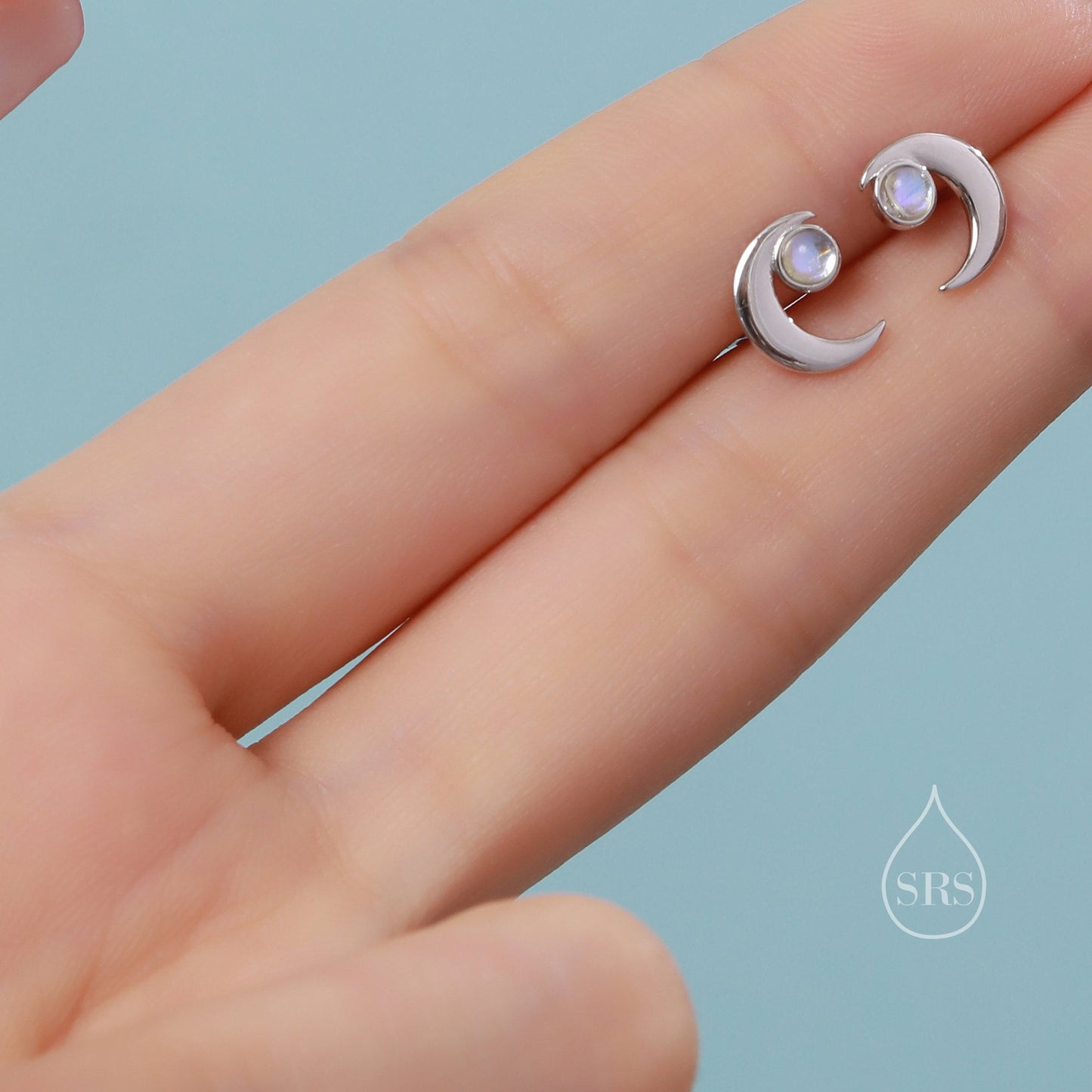 Cresent Moon with Moonstone Stud Earrings in Sterling Silver, Moon Earrings, Moon Stud, Celestial Moon Earrings
