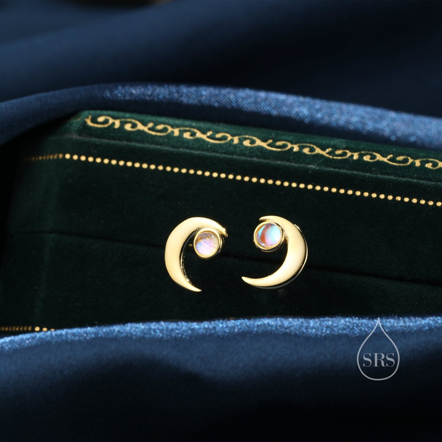 Cresent Moon with Moonstone Stud Earrings in Sterling Silver, Moon Earrings, Moon Stud, Celestial Moon Earrings