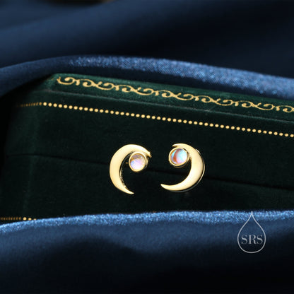 Cresent Moon with Moonstone Stud Earrings in Sterling Silver, Moon Earrings, Moon Stud, Celestial Moon Earrings