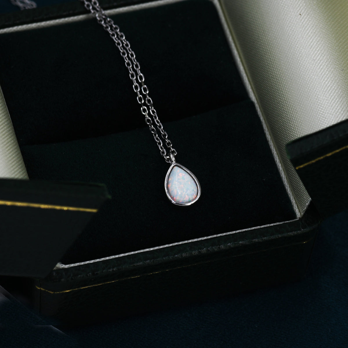 Droplet White Opal Pendant Necklace in Sterling Silver, Lab Opal Necklace, Pear Shape Opal Necklace, Fire Opal Necklace