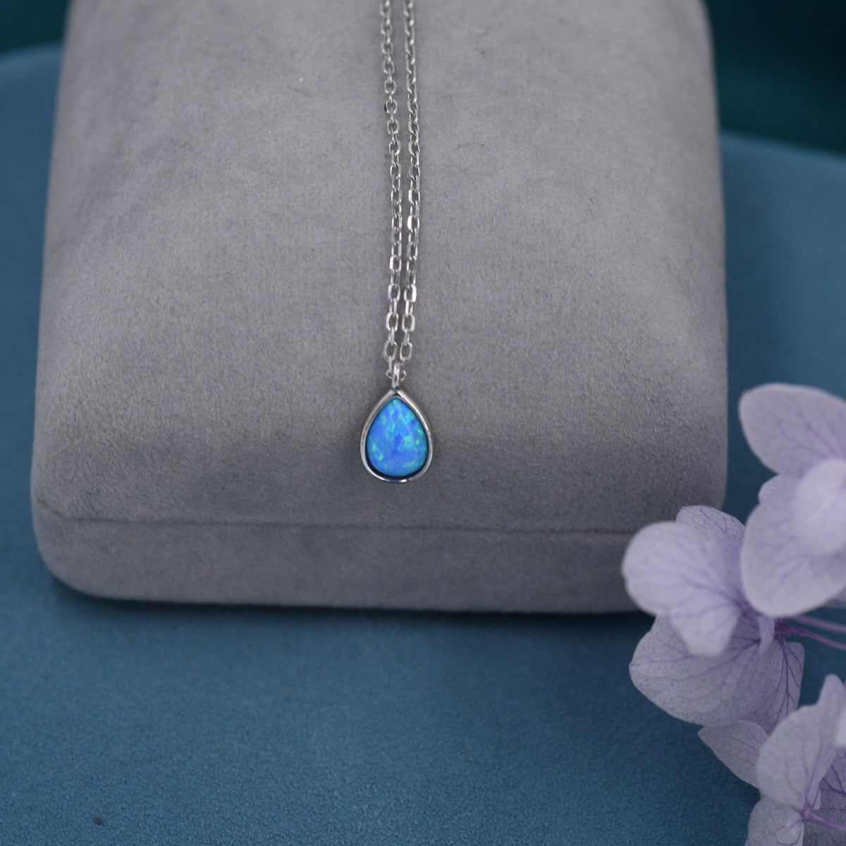 Blue Opal Droplet Pendant Necklace in Sterling Silver, Lab Opal Necklace, Pear Shape Opal Necklace, Fire Opal Necklace