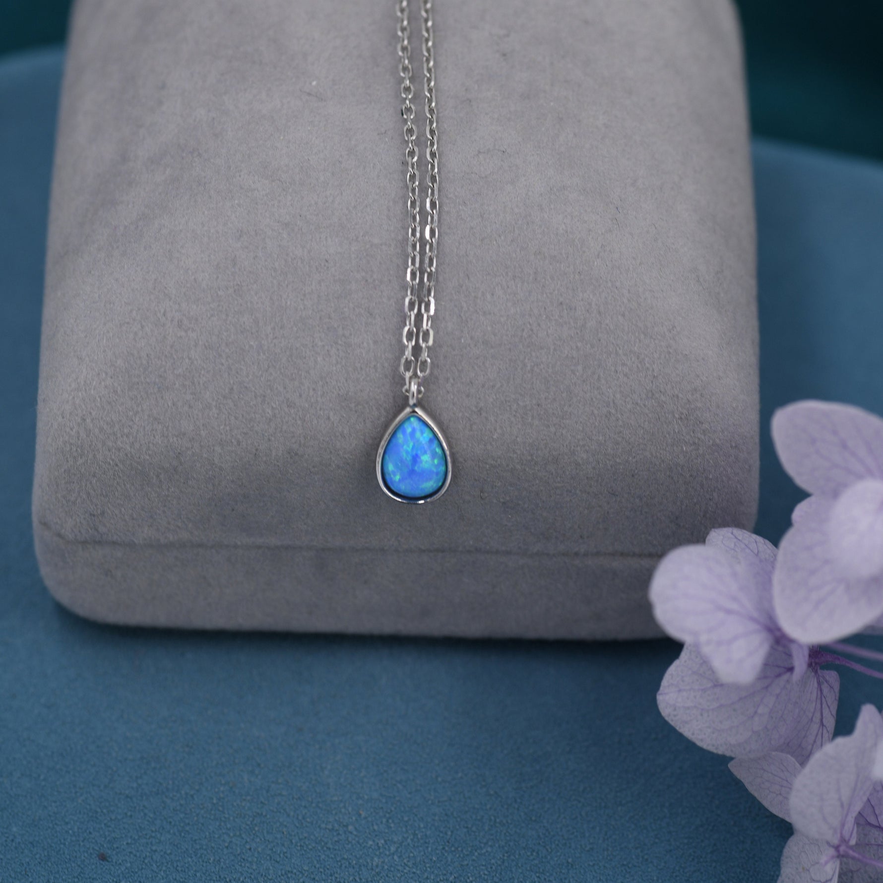 Blue Opal Droplet Pendant Necklace in Sterling Silver, Lab Opal Necklace, Pear Shape Opal Necklace, Fire Opal Necklace