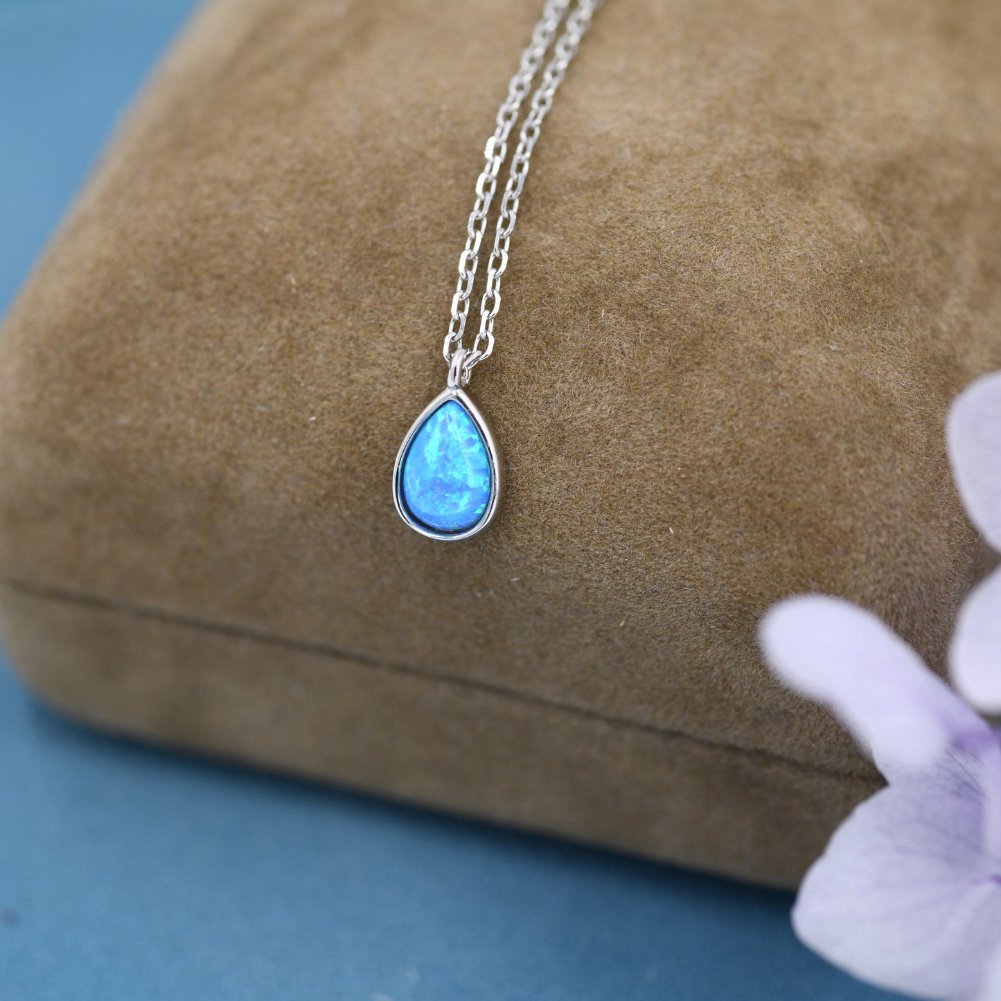 Blue Opal Droplet Pendant Necklace in Sterling Silver, Lab Opal Necklace,  Pear Shape Opal Necklace, Fire Opal Necklace