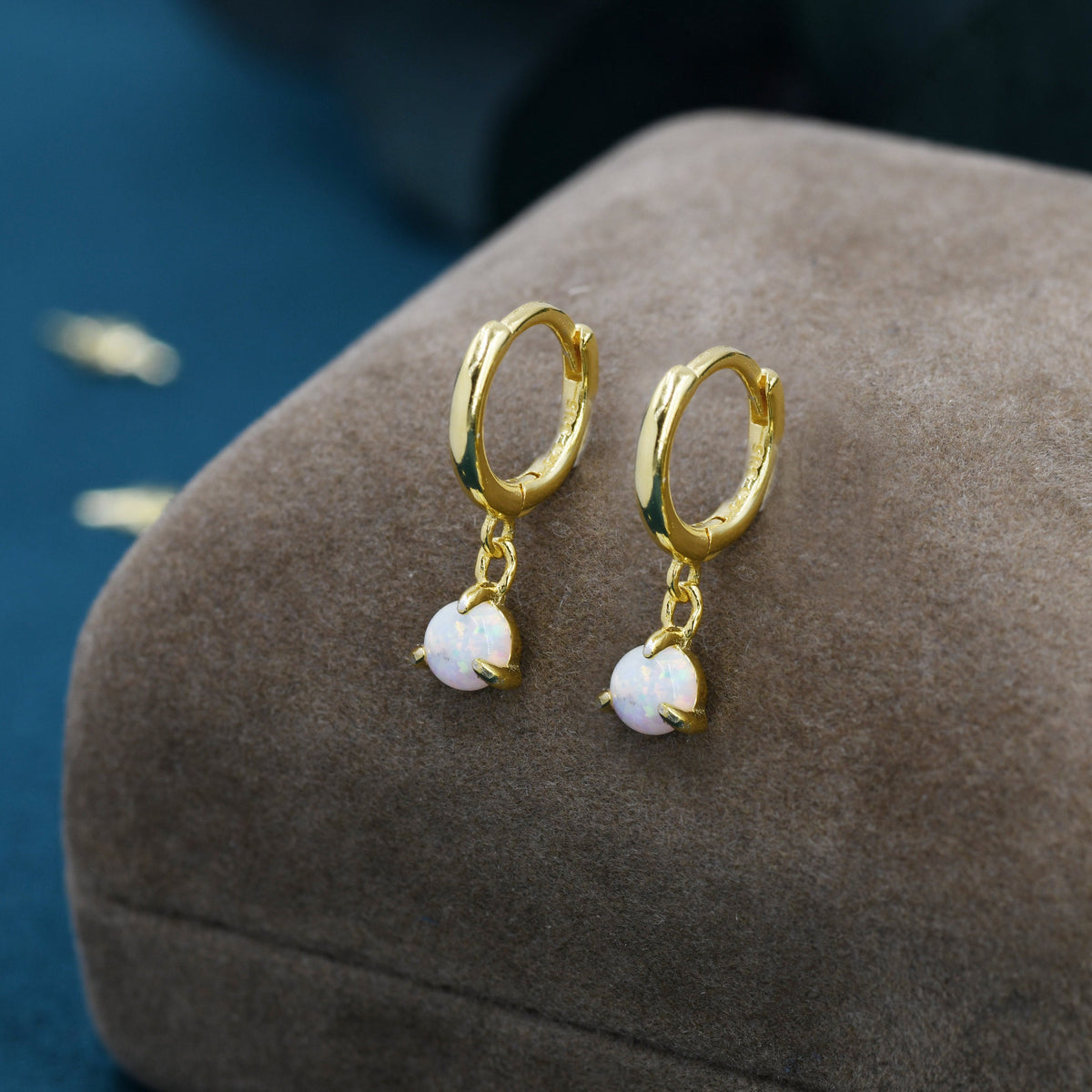 White Opal Dot Dangle Huggie Hoop Earrings in Sterling Silver, 4mm Tiny Opal Hoops, Opal Hoops, Fire Opal Hoops