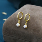 White Opal Dot Dangle Huggie Hoop Earrings in Sterling Silver, 4mm Tiny Opal Hoops, Opal Hoops, Fire Opal Hoops