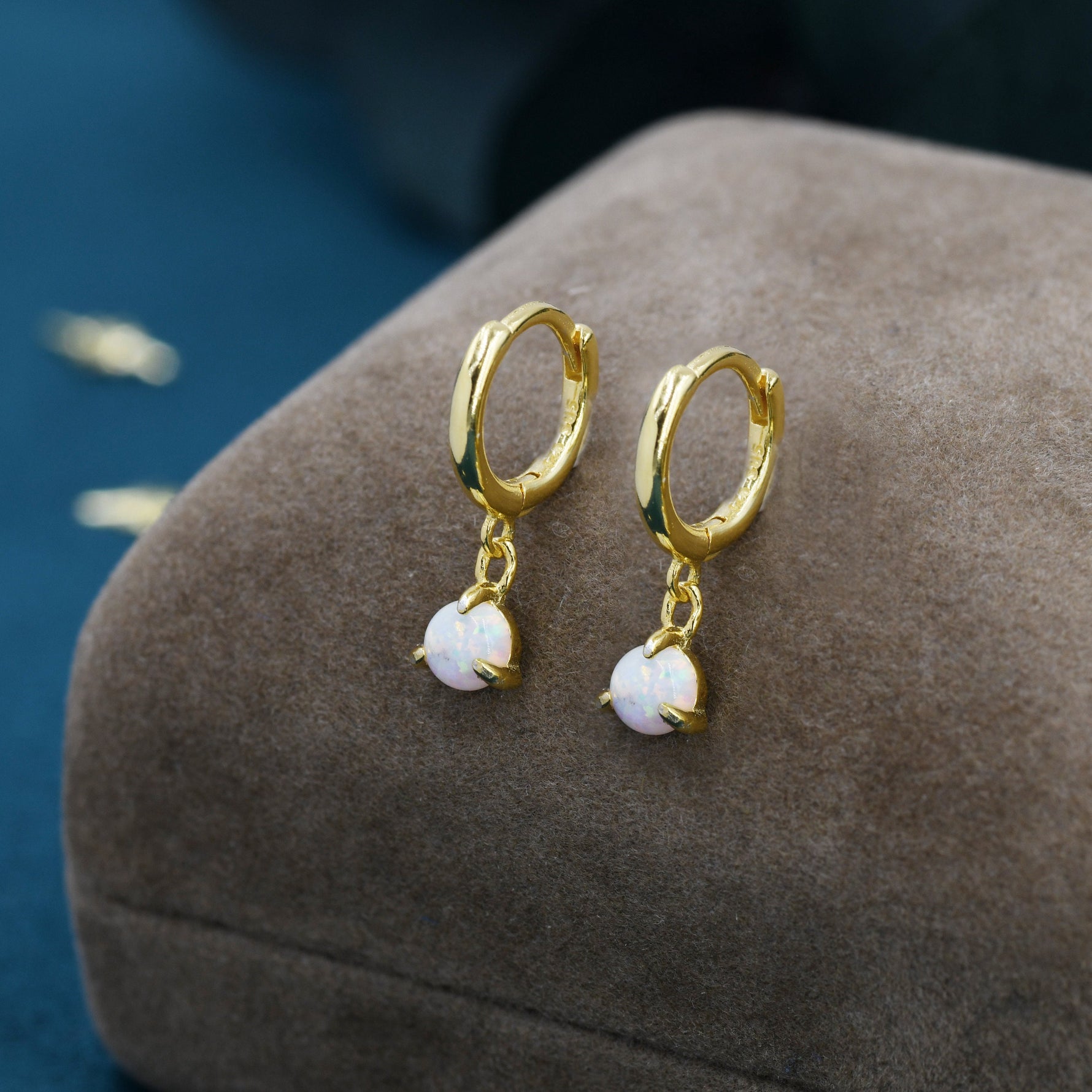White Opal Dot Dangle Huggie Hoop Earrings in Sterling Silver, 4mm Tiny Opal Hoops, Opal Hoops, Fire Opal Hoops