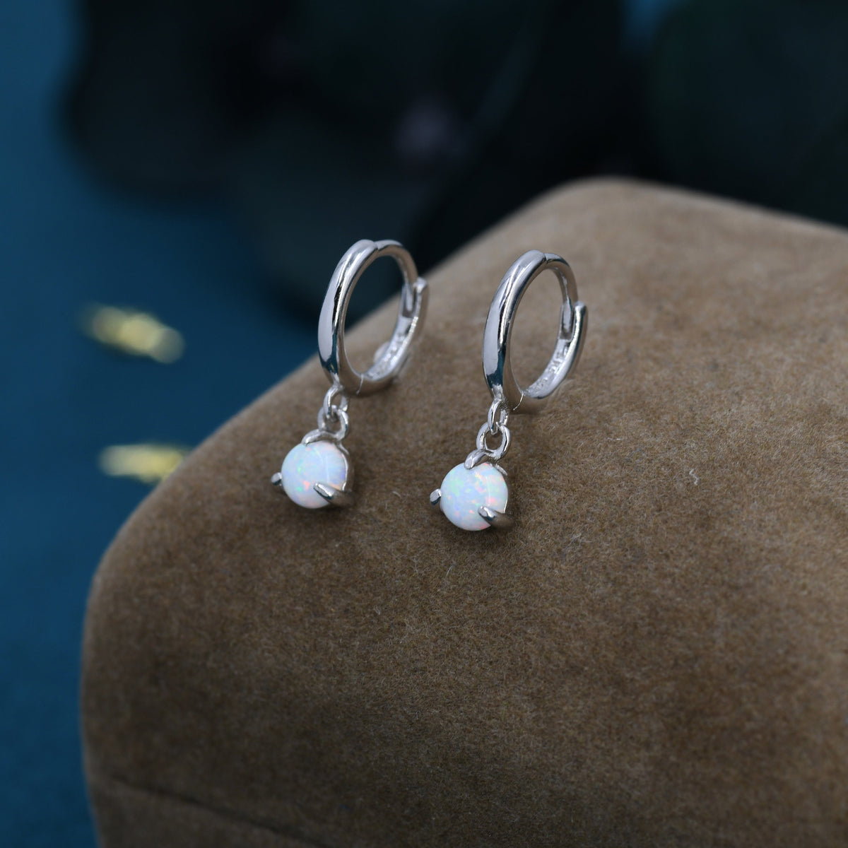 White Opal Dot Dangle Huggie Hoop Earrings in Sterling Silver, 4mm Tiny Opal Hoops, Opal Hoops, Fire Opal Hoops