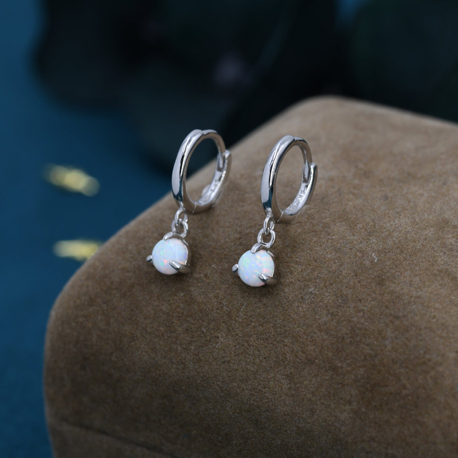 White Opal Dot Dangle Huggie Hoop Earrings in Sterling Silver, 4mm Tiny Opal Hoops, Opal Hoops, Fire Opal Hoops
