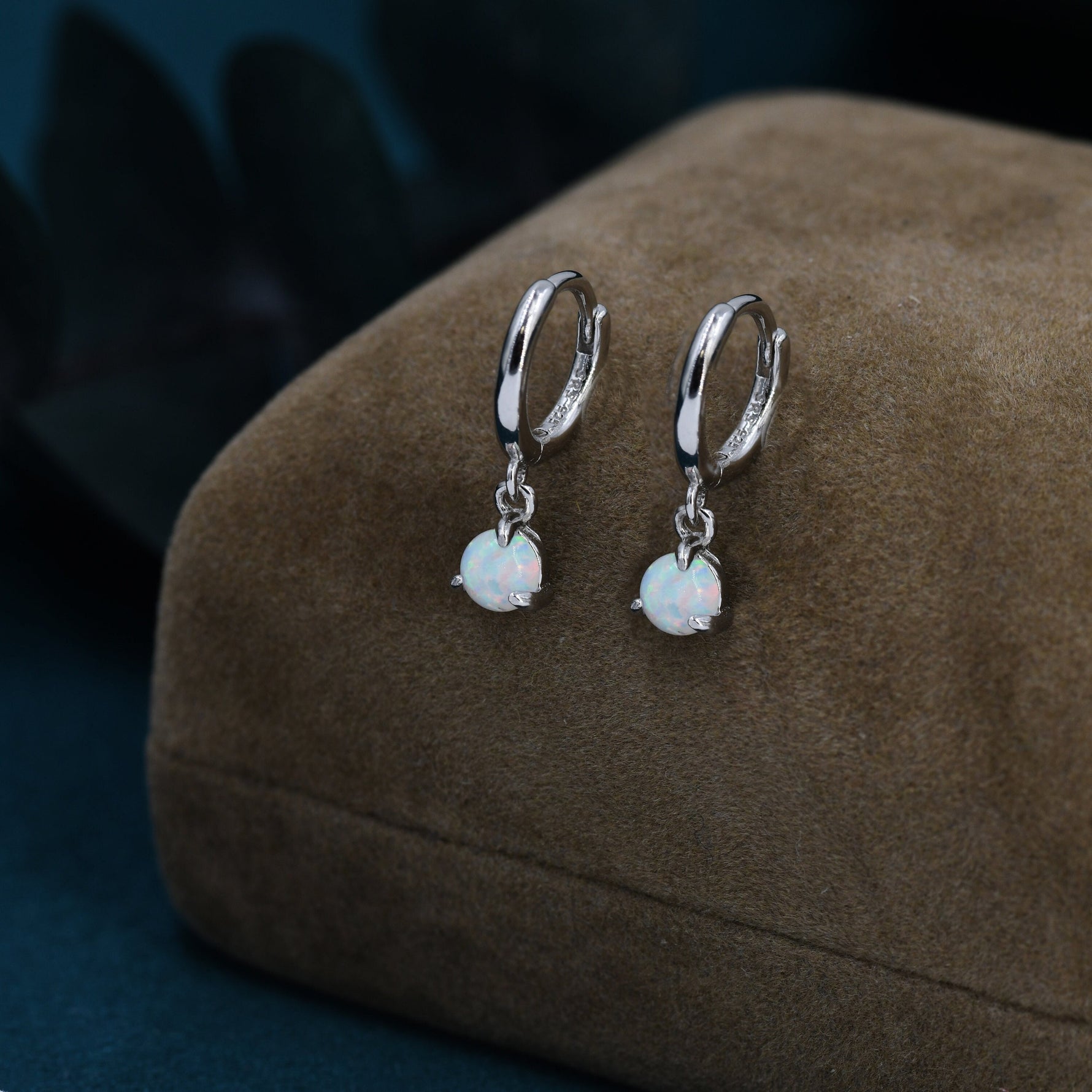 White Opal Dot Dangle Huggie Hoop Earrings in Sterling Silver, 4mm Tiny Opal Hoops, Opal Hoops, Fire Opal Hoops
