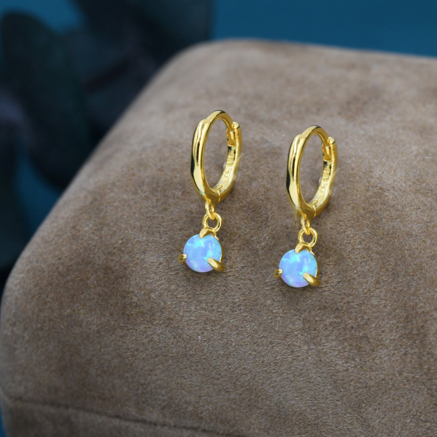 Blue Opal Dot Dangle Huggie Hoop Earrings in Sterling Silver, 4mm Tiny Opal Hoops, Opal Hoops, Fire Opal Hoops