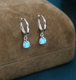 Blue Opal Dot Dangle Huggie Hoop Earrings in Sterling Silver, 4mm Tiny Opal Hoops, Opal Hoops, Fire Opal Hoops