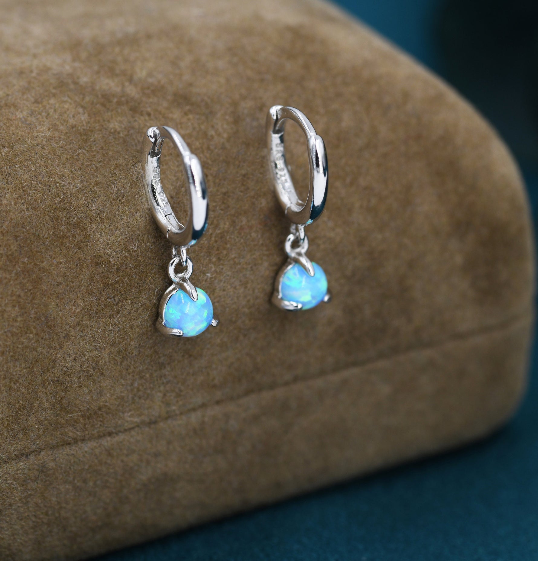 Blue Opal Dot Dangle Huggie Hoop Earrings in Sterling Silver, 4mm Tiny Opal Hoops, Opal Hoops, Fire Opal Hoops