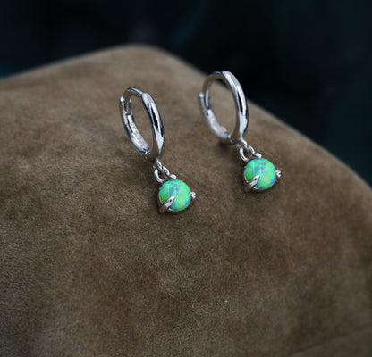 Green Opal Dot Dangle Huggie Hoop Earrings in Sterling Silver, 4mm Tiny Opal Hoops, Opal Hoops, Fire Opal Hoops